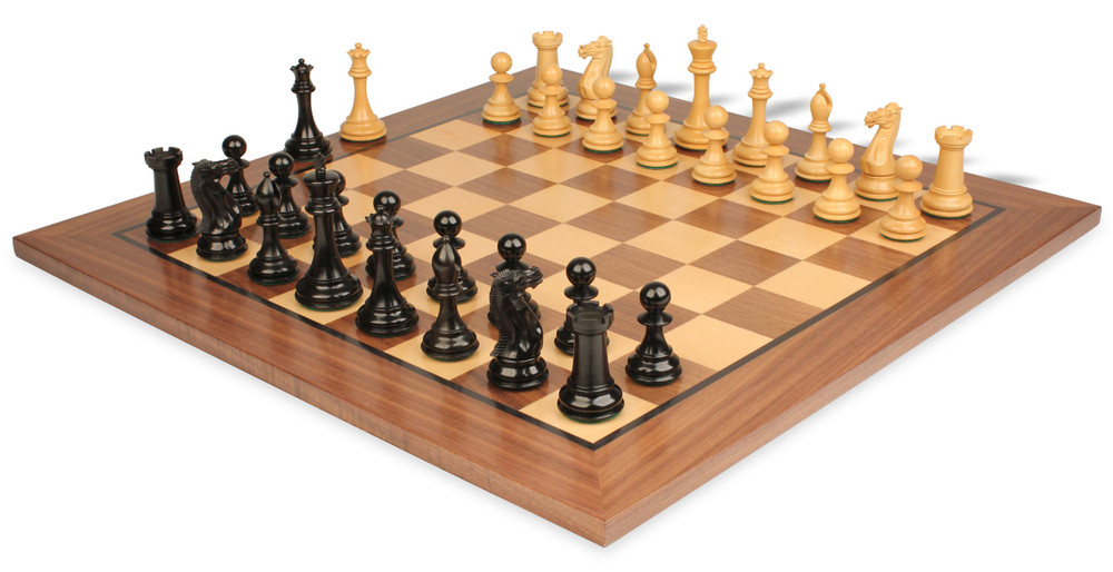 New Exclusive Staunton Chess Set - Ebonized & Boxwood Pieces - Walnut Classic Chess Board - 3" King